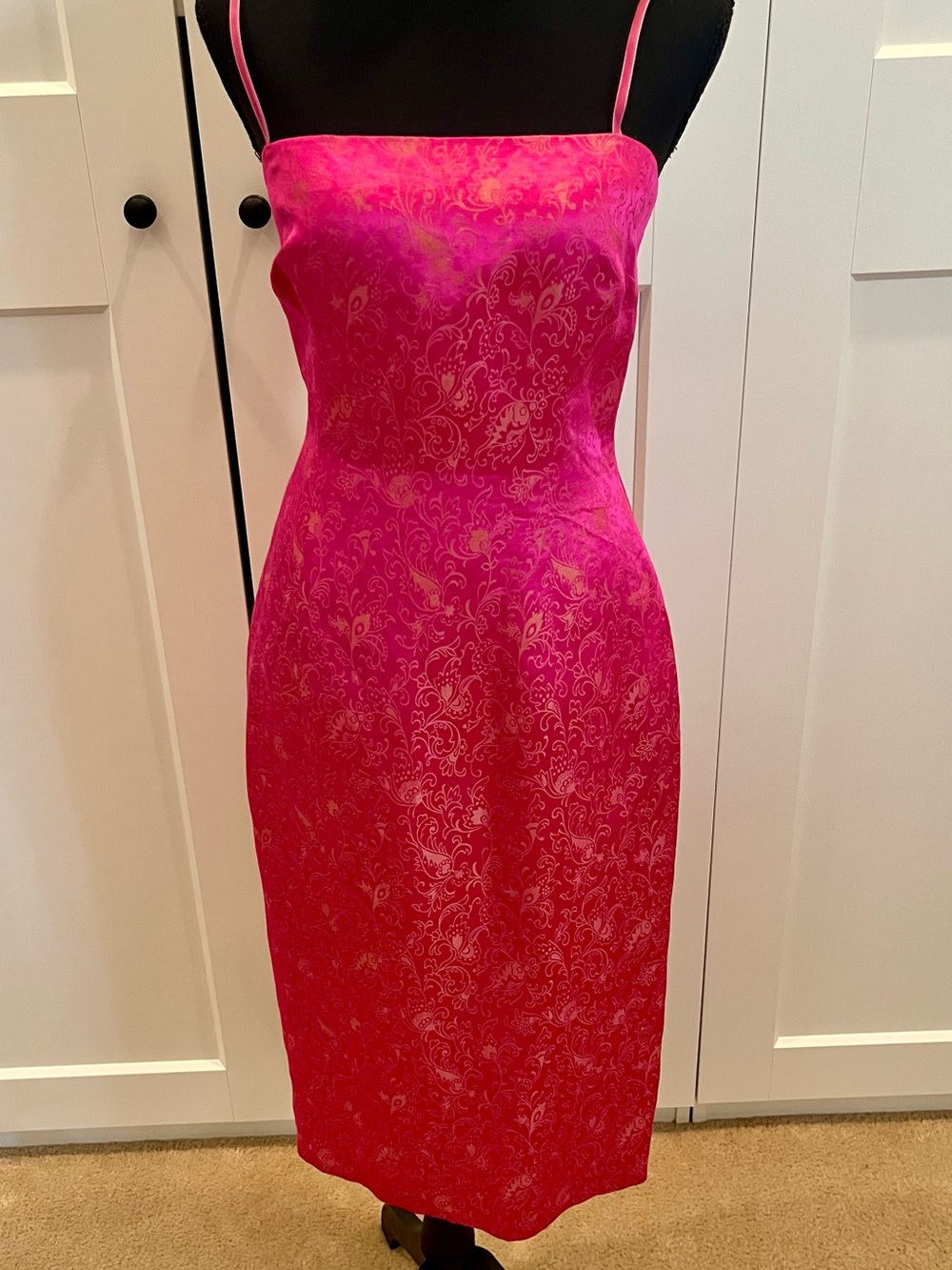 Donna Morgan Sexy Fuchsia & Gold Linen/Silk Jacquard Fitted Midi Slip Dress Sz 4
